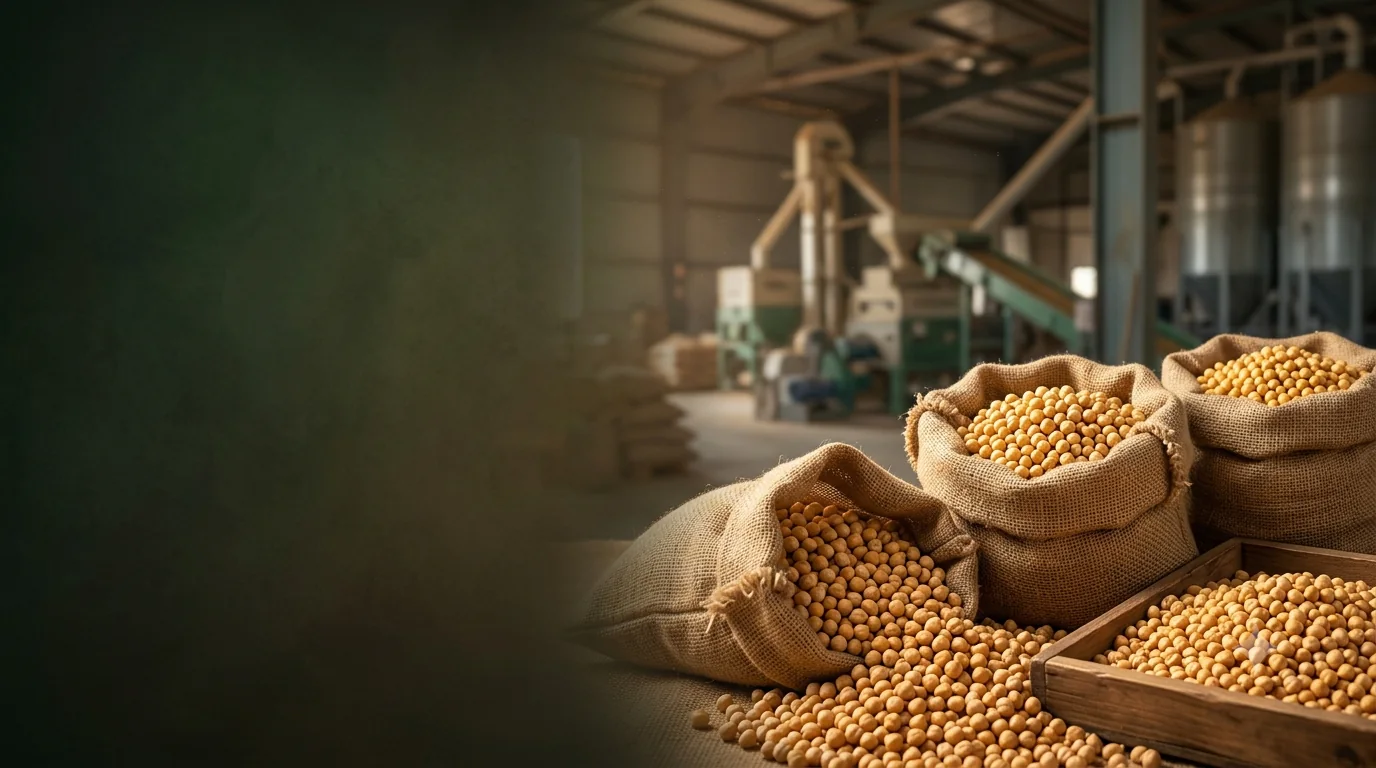 Chickpeas in jute sacks at a grain-processing facility